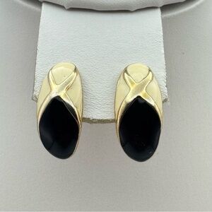 Monet Gold Tone Black Enamel Oval Stud Earrings Vintage